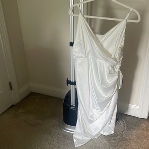 Asymmetrical white satin dress